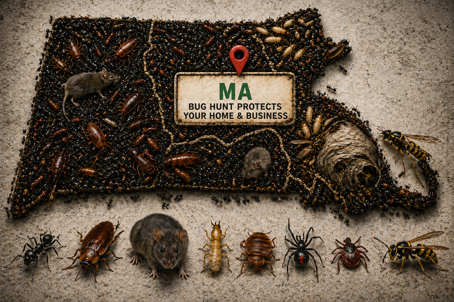 Assorted insects surrounding a “MA” pest control sign on a burlap-textured background Assorted insects surrounding a “MA” pest control sign on a burlap-textured background