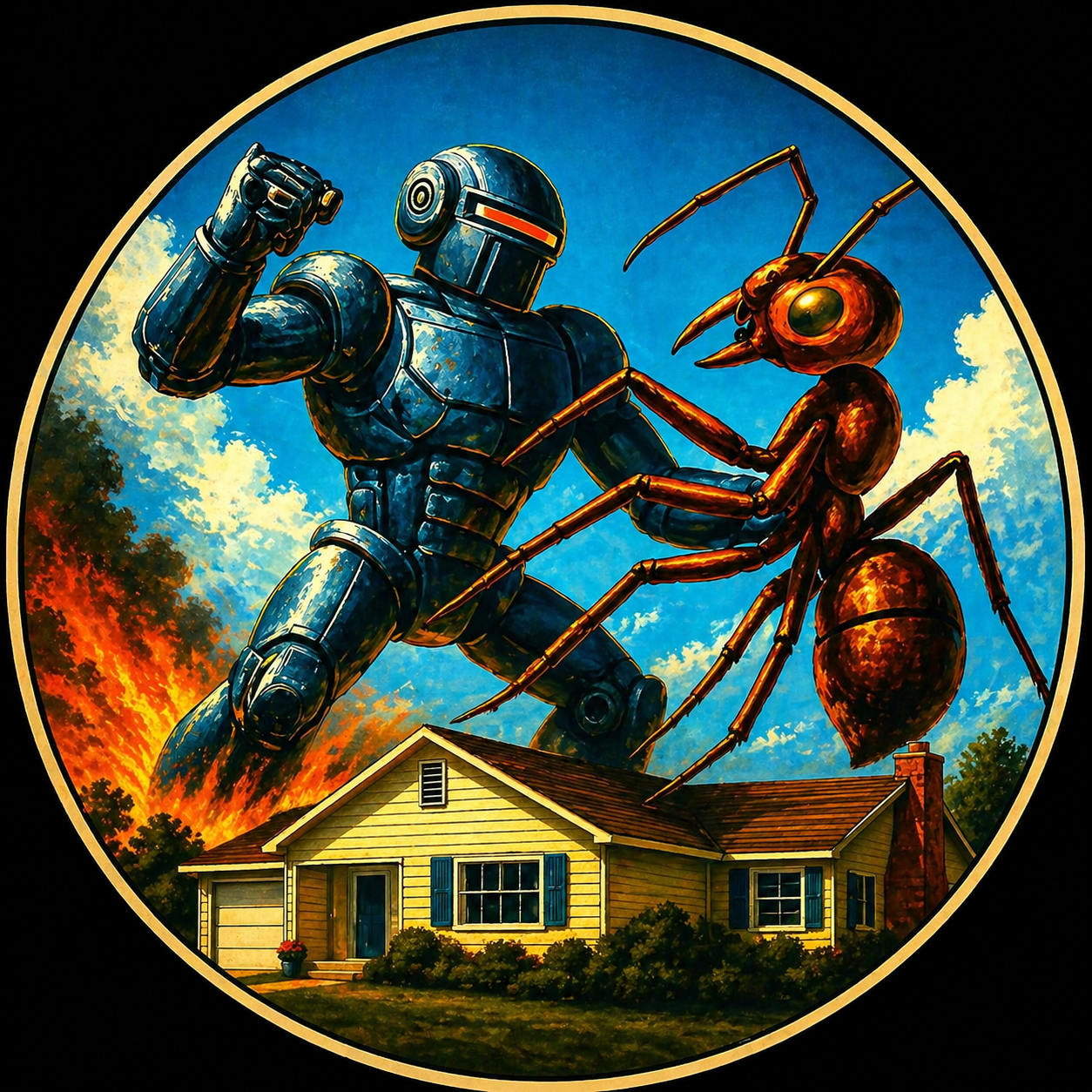 Robot and giant ant looming over a suburban house in a dramatic circular illustration