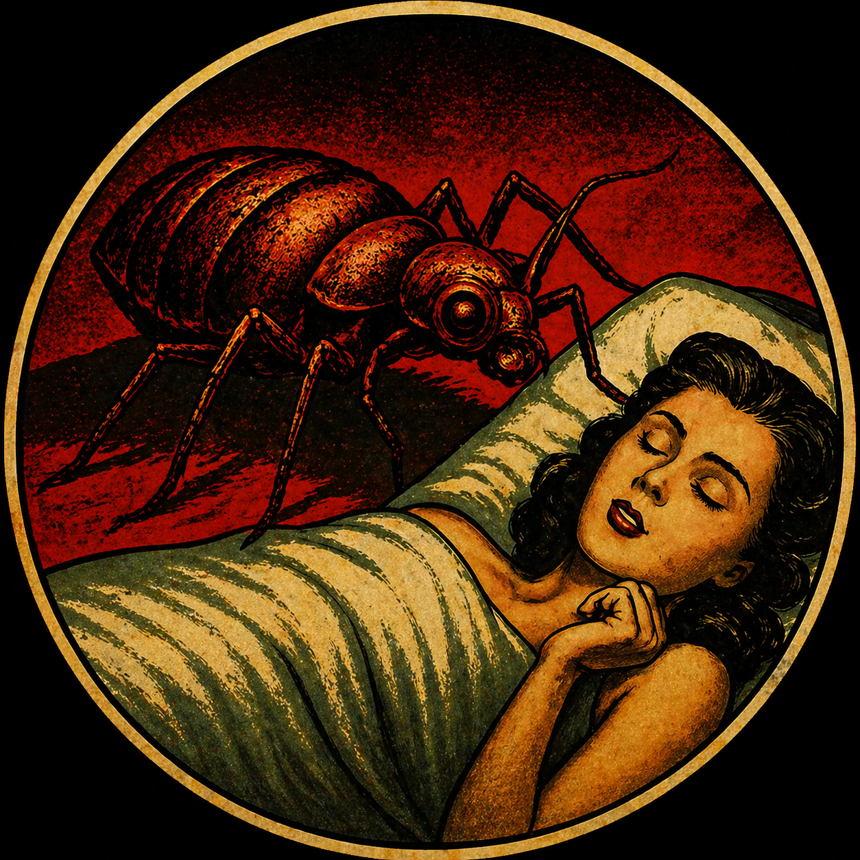 Woman asleep in bed as a large bedbug looms nearby against a red background