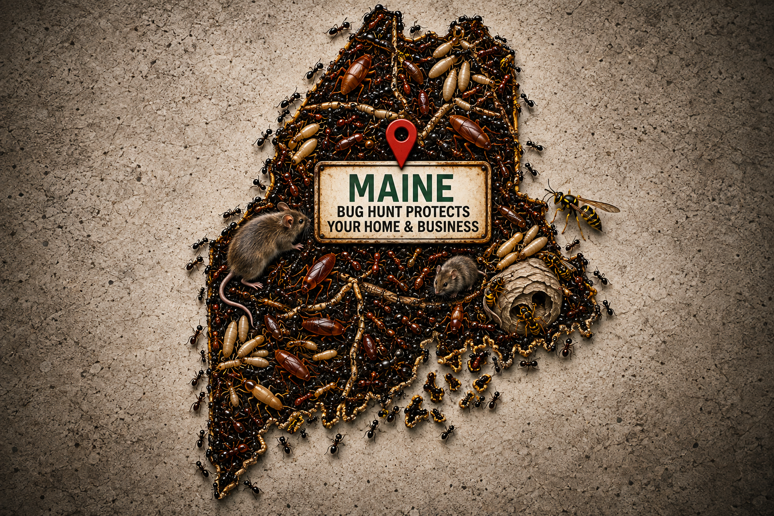 Maine state map with pest control icons, Bug Hunt protects your home and business