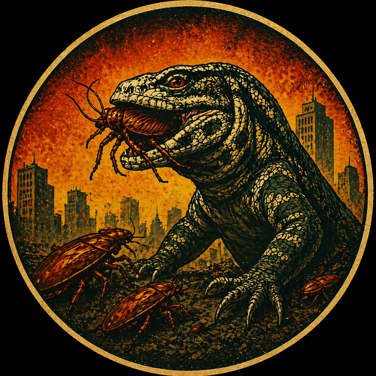 Giant lizard devours a lobster in a fiery cityscape, framed in a circular vintage-style illustration