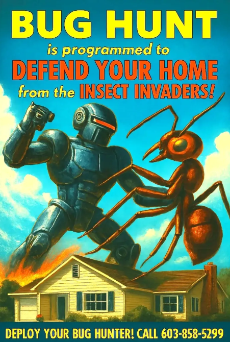 Bug Hunt poster: armored bug hunter fights insect invaders over a house, with bold yellow and red text.