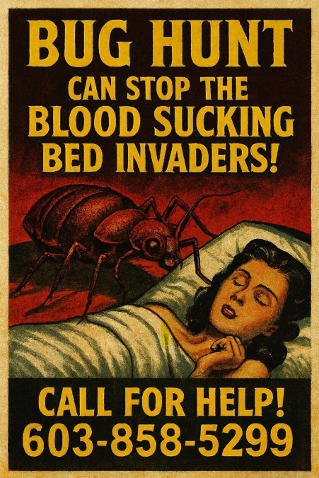 Vintage bug hunt poster with bed bugs on a sleeping person and the text “Call for help! 603-858-5299”