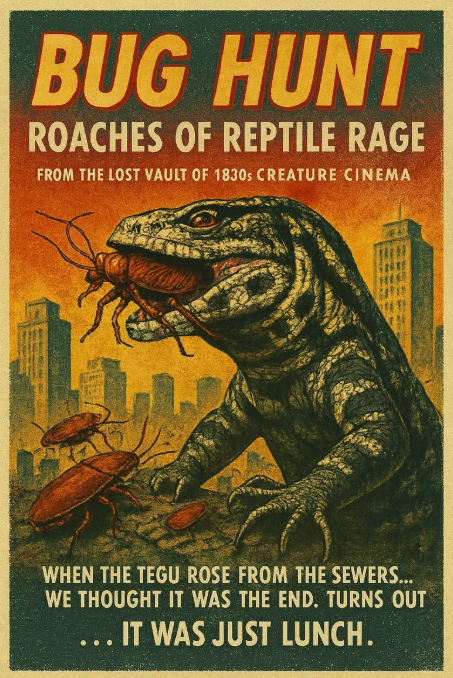 Vintage horror poster for “Bug Hunt,” featuring a giant reptile in a city with a yellow-orange skyline.