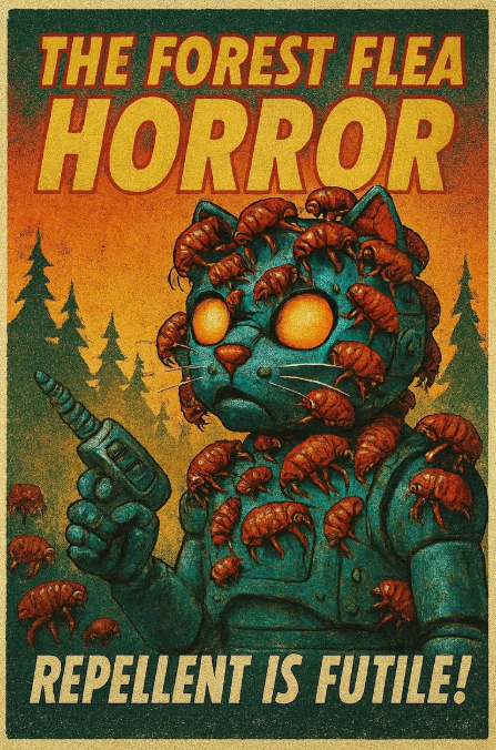 Vintage horror poster of a flea-covered creature in a forest, reading “The Forest Flea Horror—Repellent Is Futile!”