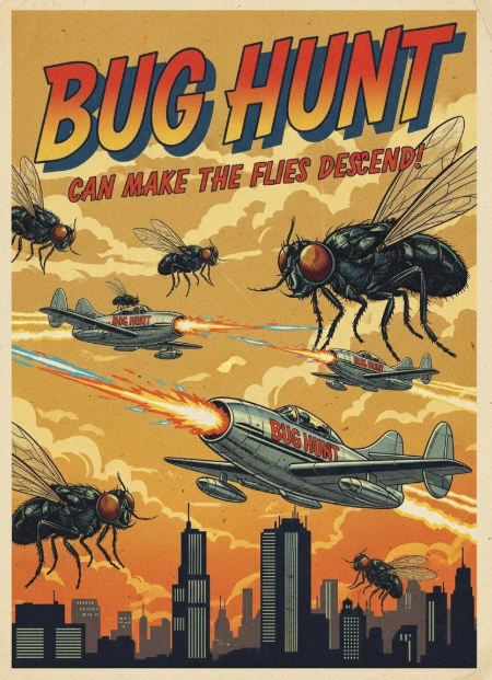 Vintage poster of fighter jets and giant insects over a city, with “BUG HUNT” text and fiery orange sky