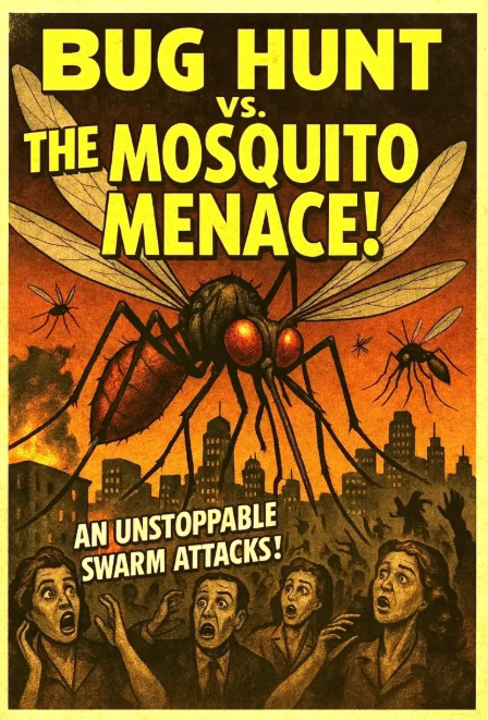 Retro poster: giant mosquito over a city with terrified people and bold text, “Bug Hunt vs. The Mosquito Menace!”