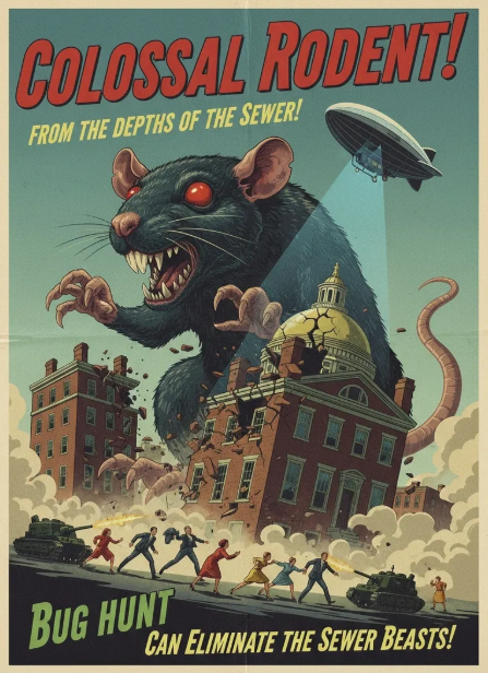Vintage poster of a giant sewer rat attacking buildings, with people fleeing and the title “Colossal Rodent!”
