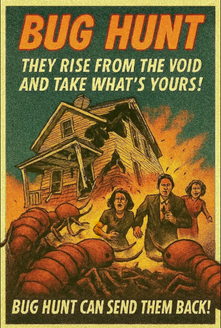 Vintage bug-hunt poster with giant red insects attacking a house and family amid orange flames, reading “BUG HUNT”