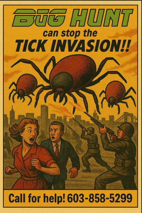 Bug Hunt poster: giant ticks over alarmed people, “can stop the tick invasion,” call 603-858-5299