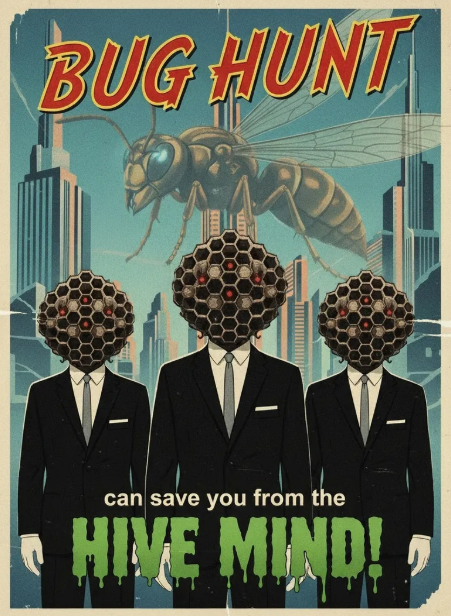 Vintage poster: “Bug Hunt” above three suited figures with hive heads under a giant insect, “can save you from the HIVE MIND!