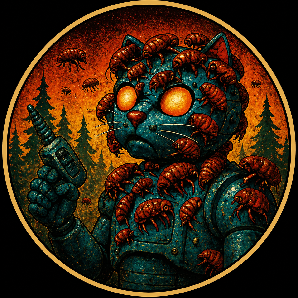 Blue alien-like figure swarmed by red ants against an orange forest backdrop