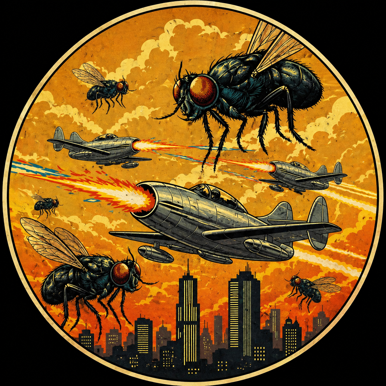 Futuristic jet flying through a fiery orange sky over a city, with giant flying insects looming above.