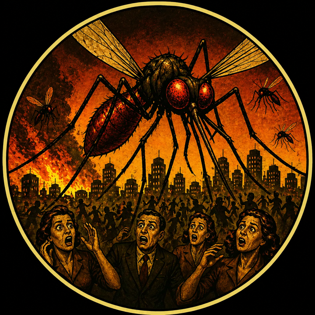 Giant mosquito looming over terrified crowd and burning city skyline at sunset