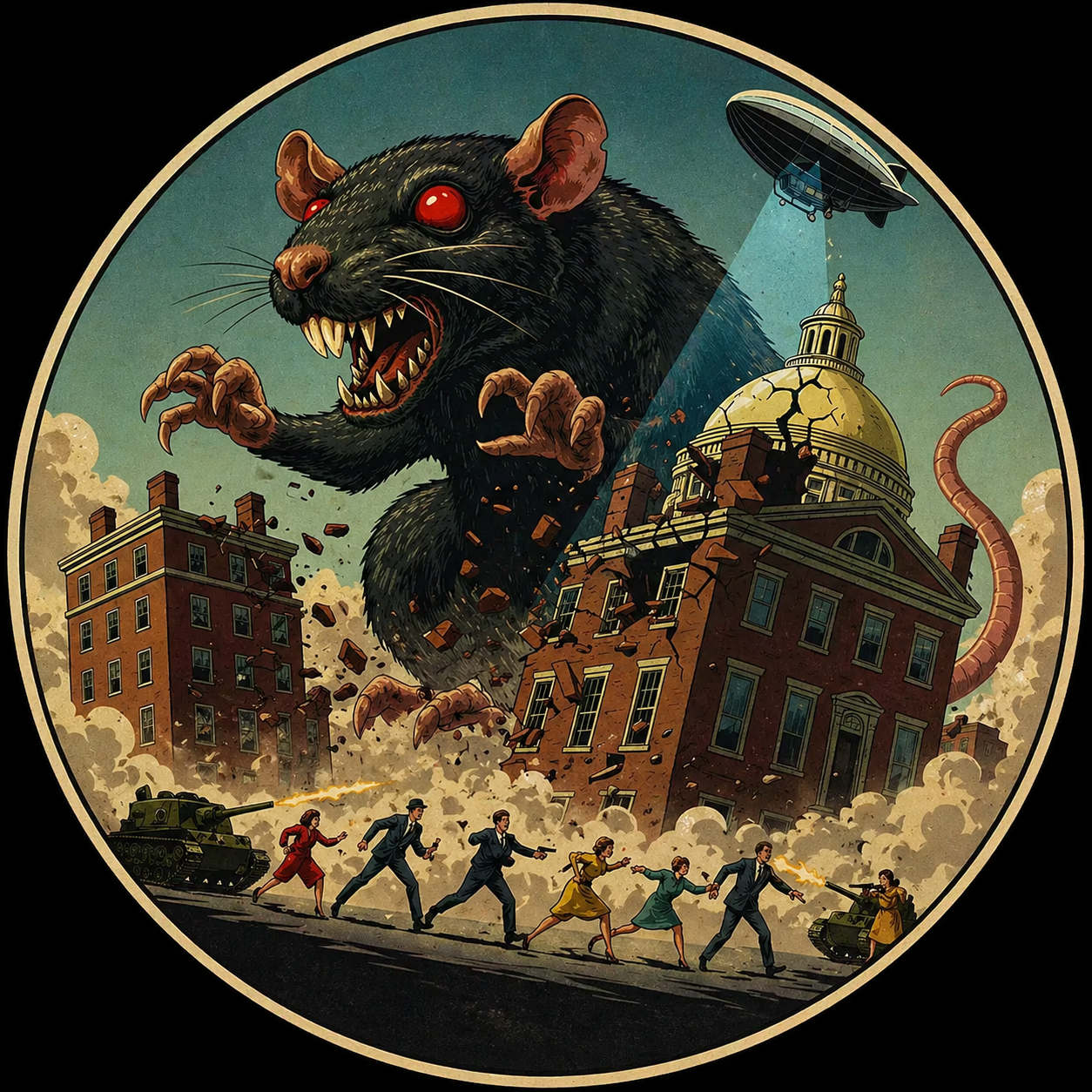 Giant black rat attacks a city street as people flee past crumbling buildings and a domed tower.