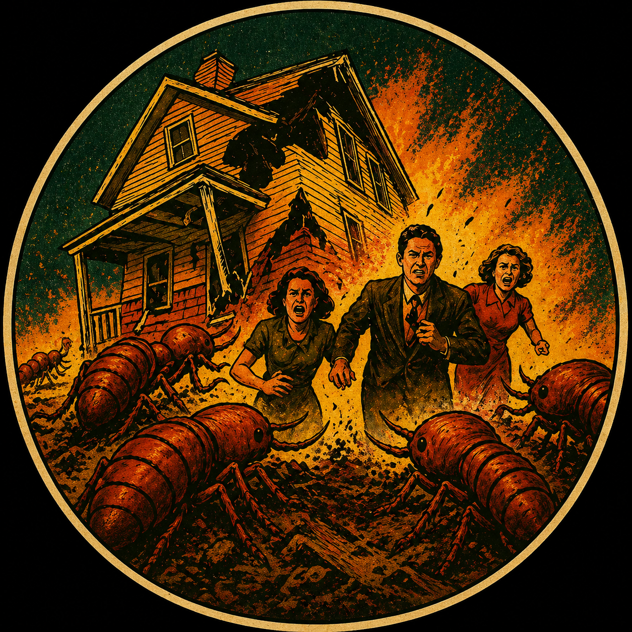 People running from giant ants as a house burns in a fiery orange scene