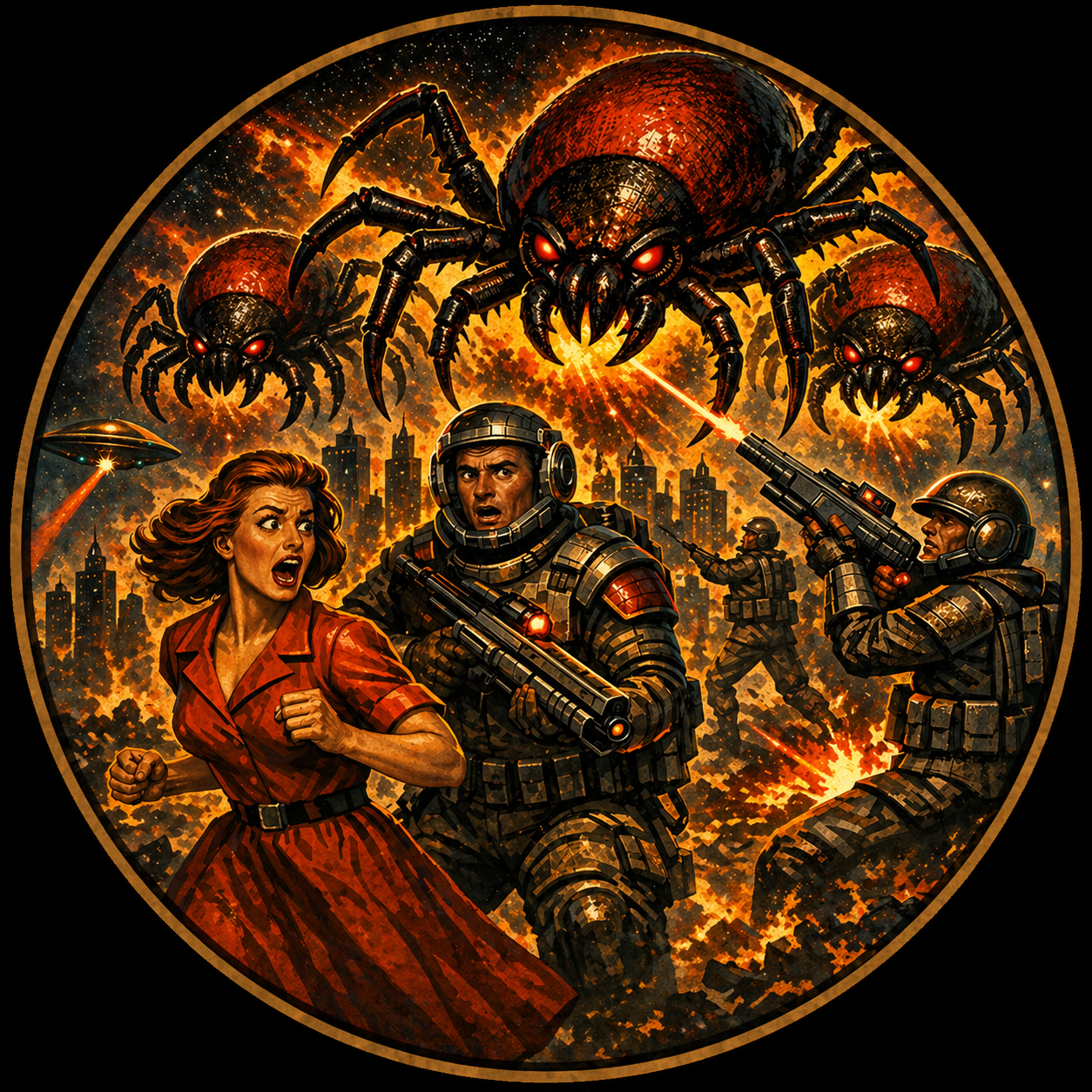 Sci-fi soldiers flee a giant spider amid orange flames and destruction