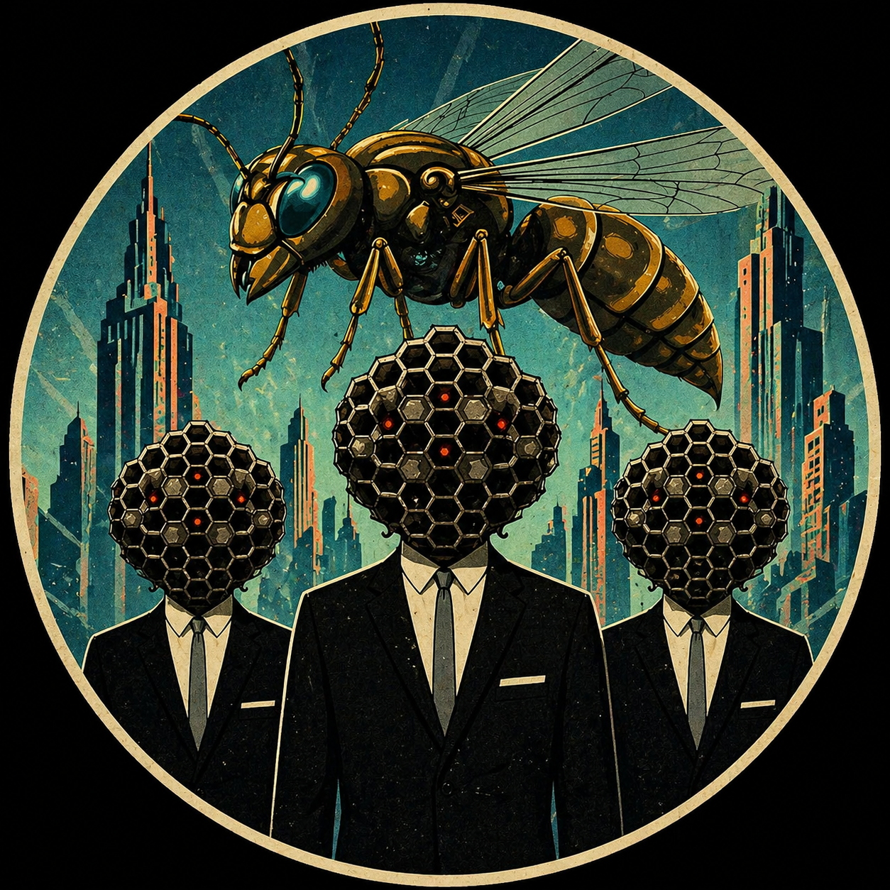 Three suited figures with honeycomb heads beneath a giant bee, framed by teal skyscrapers.
