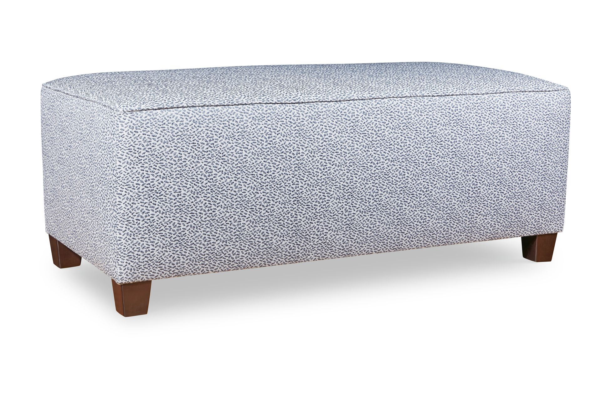 A grey ottoman with wooden legs on a white background.