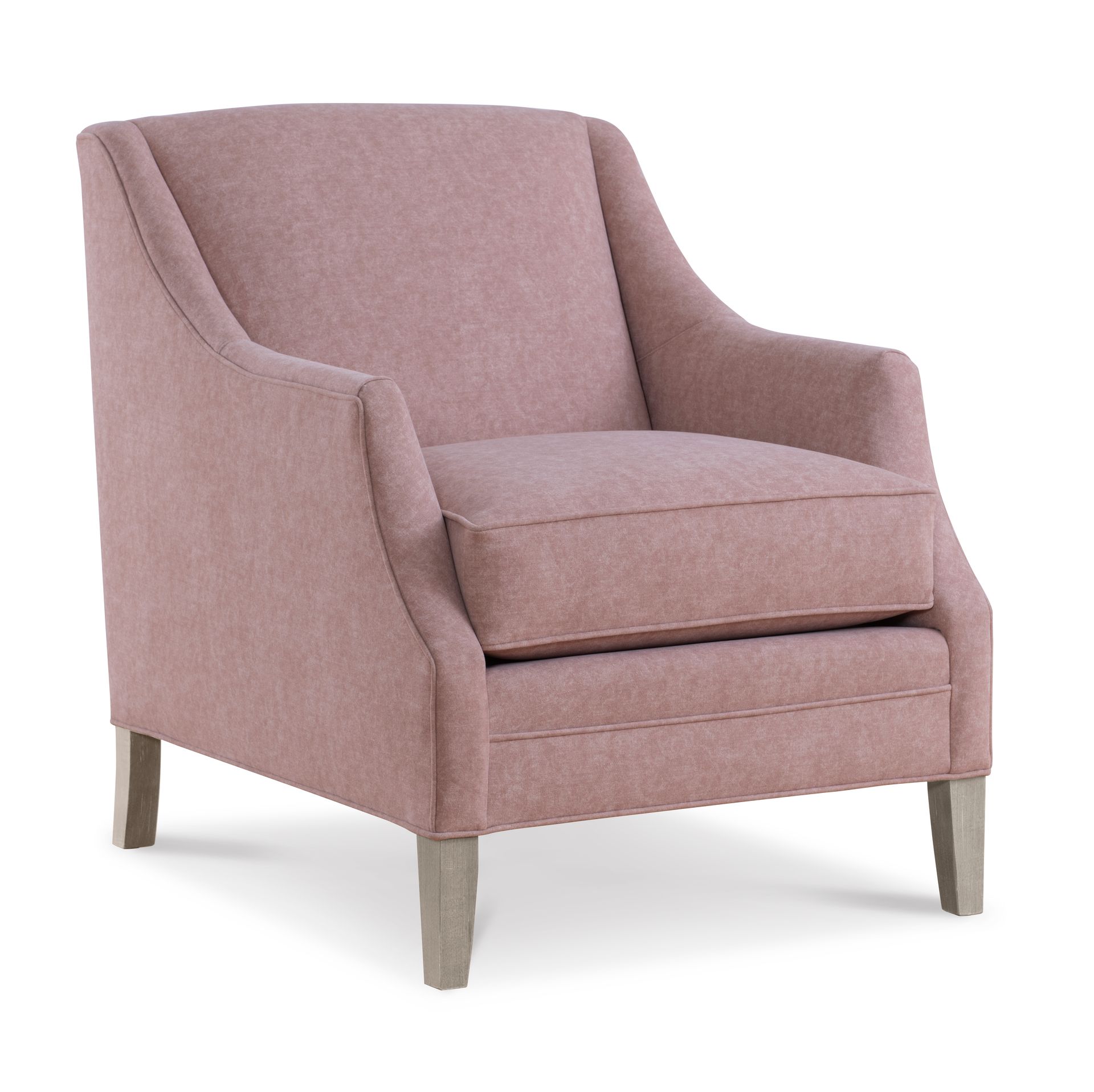A pink chair with wooden legs on a white background