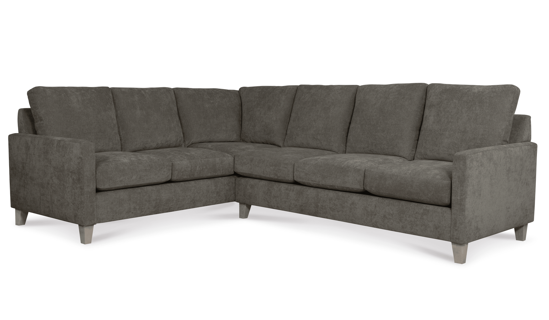 A grey sectional couch with wooden legs on a white background