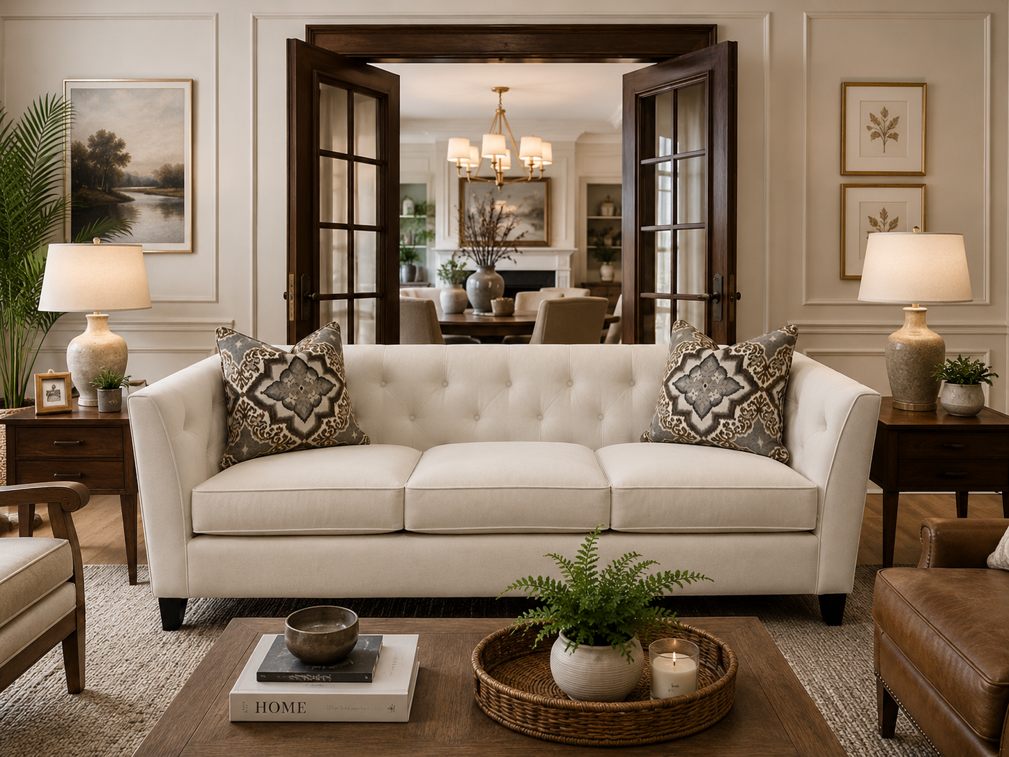 A white couch with two pillows on it on a white background.