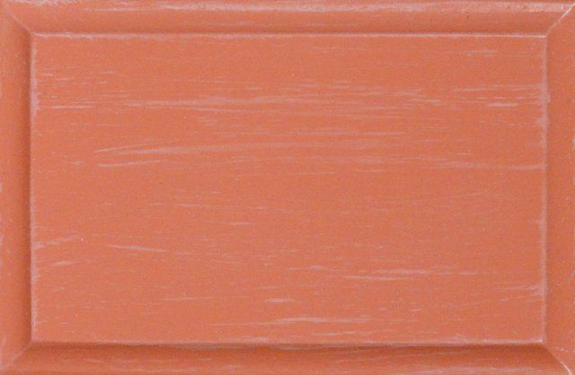 Coral-colored wooden cabinet door with a framed rectangular design and visible wood grain.