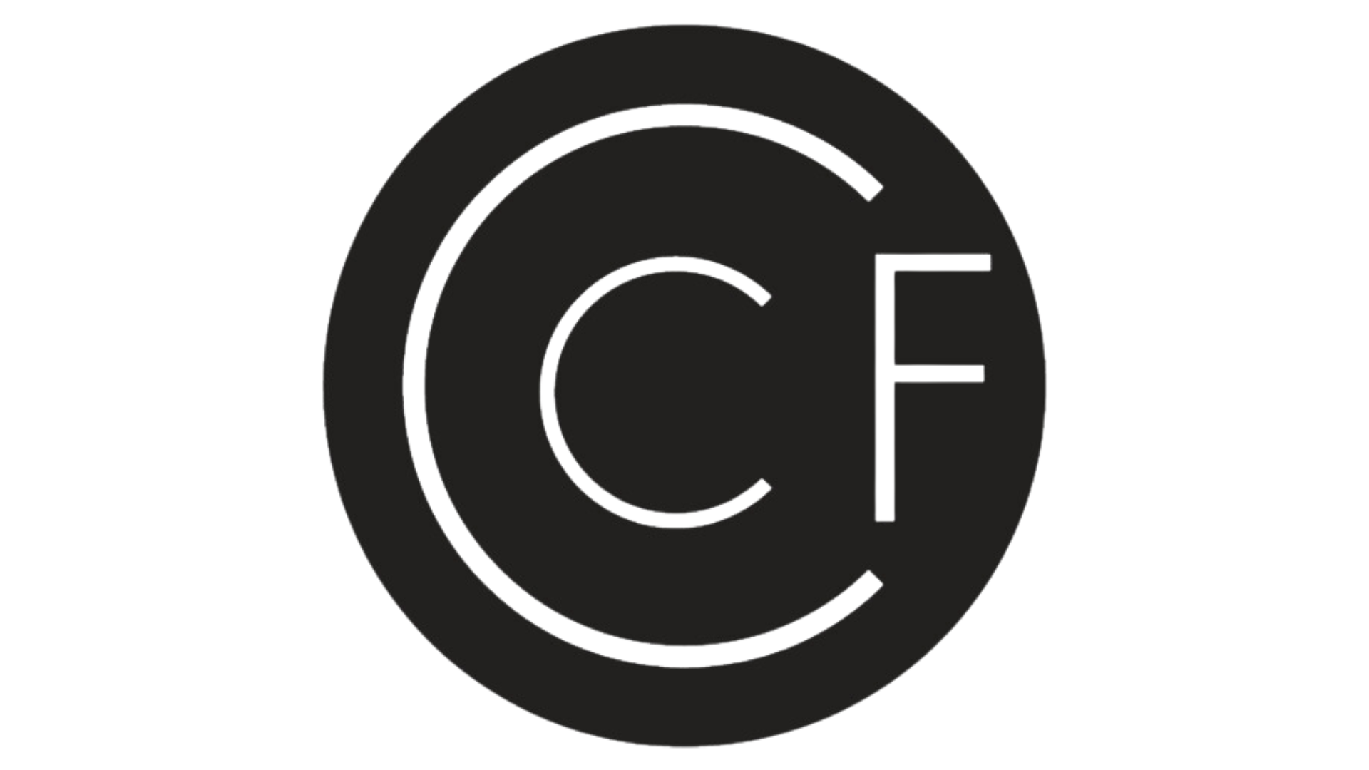 A black and white logo with the letter c and f in a circle.