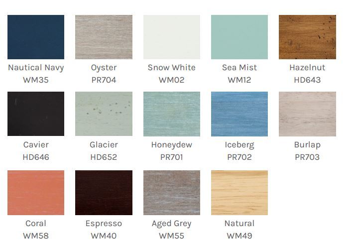 Color swatches: Nautical Navy, Oyster, Snow White, Sea Mist, Hazelnut, Cavier, Glacier, Honeydew, Iceberg, Burlap, Coral, Espresso, Aged Grey, Natural.