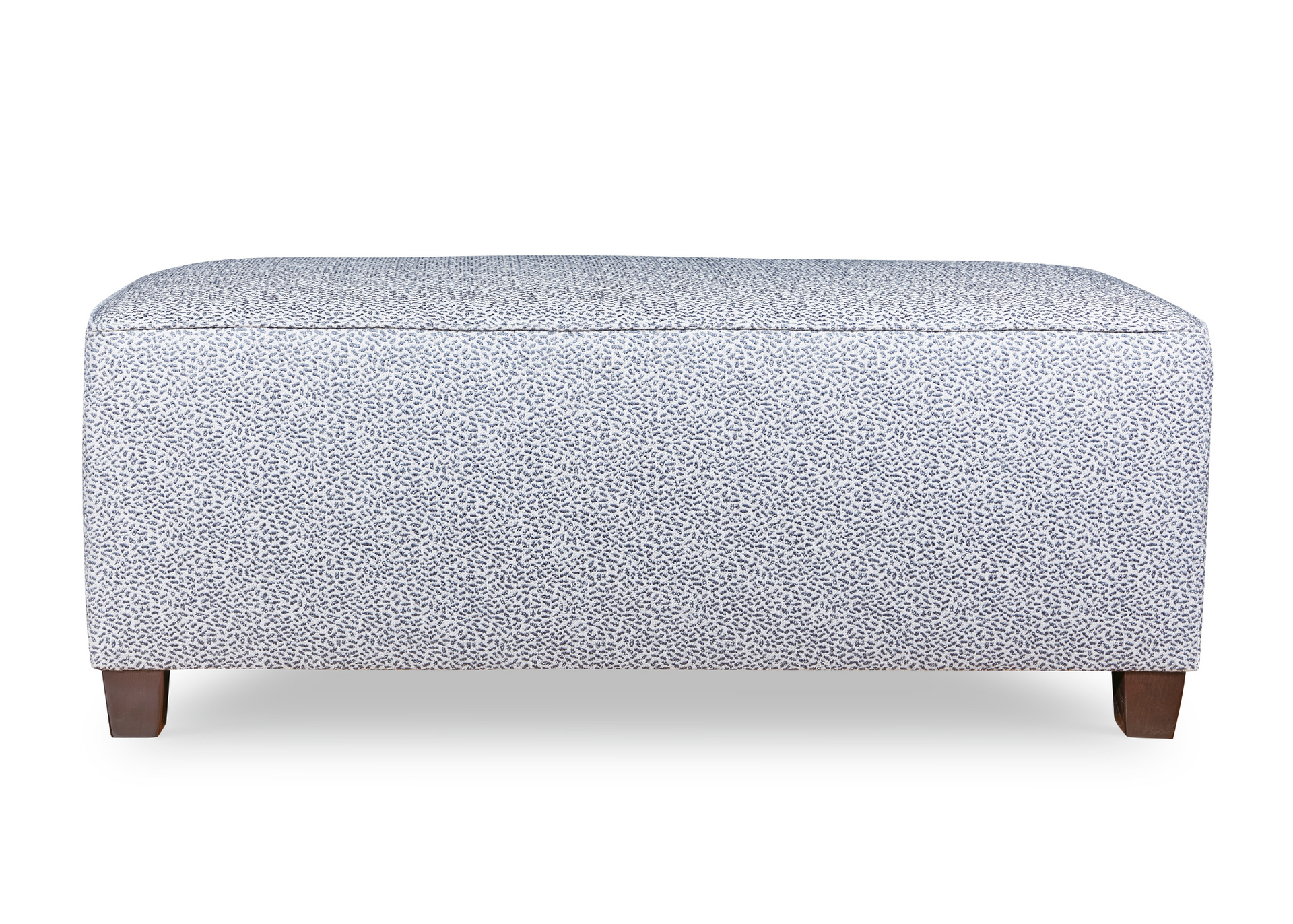 A grey ottoman with wooden legs on a white background.