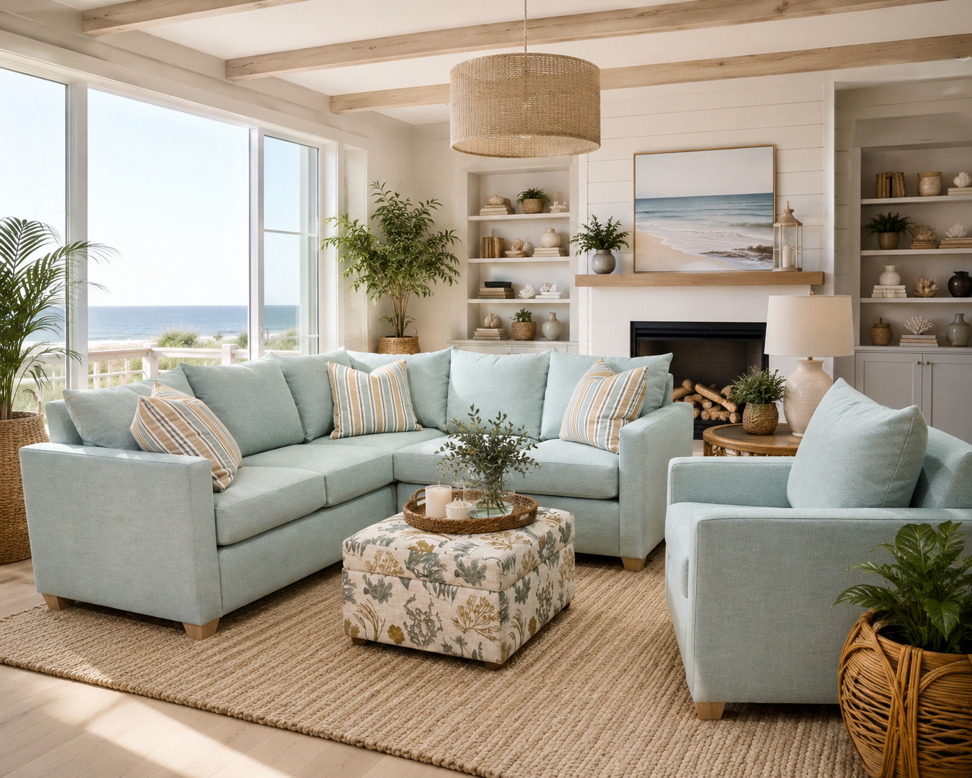 Bright coastal living room with a pale blue sectional, floral ottoman, fireplace, and ocean view