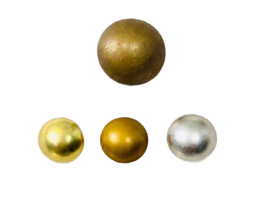 Four metallic-colored round-headed tacks: bronze, gold, yellow-gold, and silver.