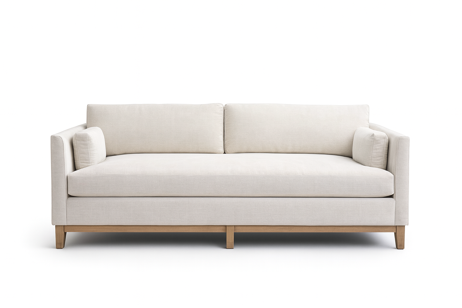 Beige upholstered sofa with two back cushions, and wooden frame on a white background.