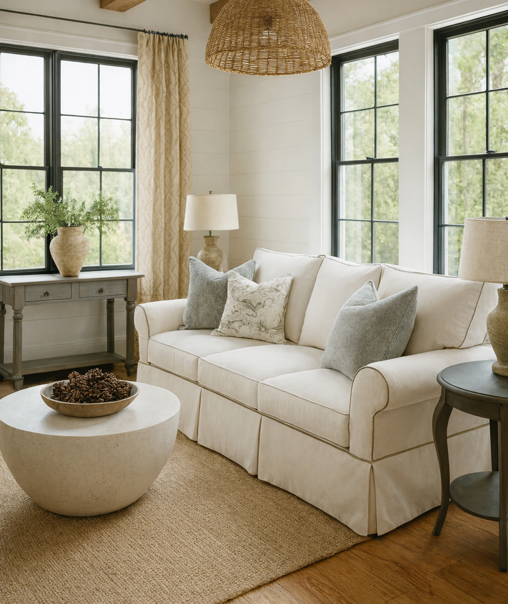 Living room with cream sofa, large windows, and neutral decor.