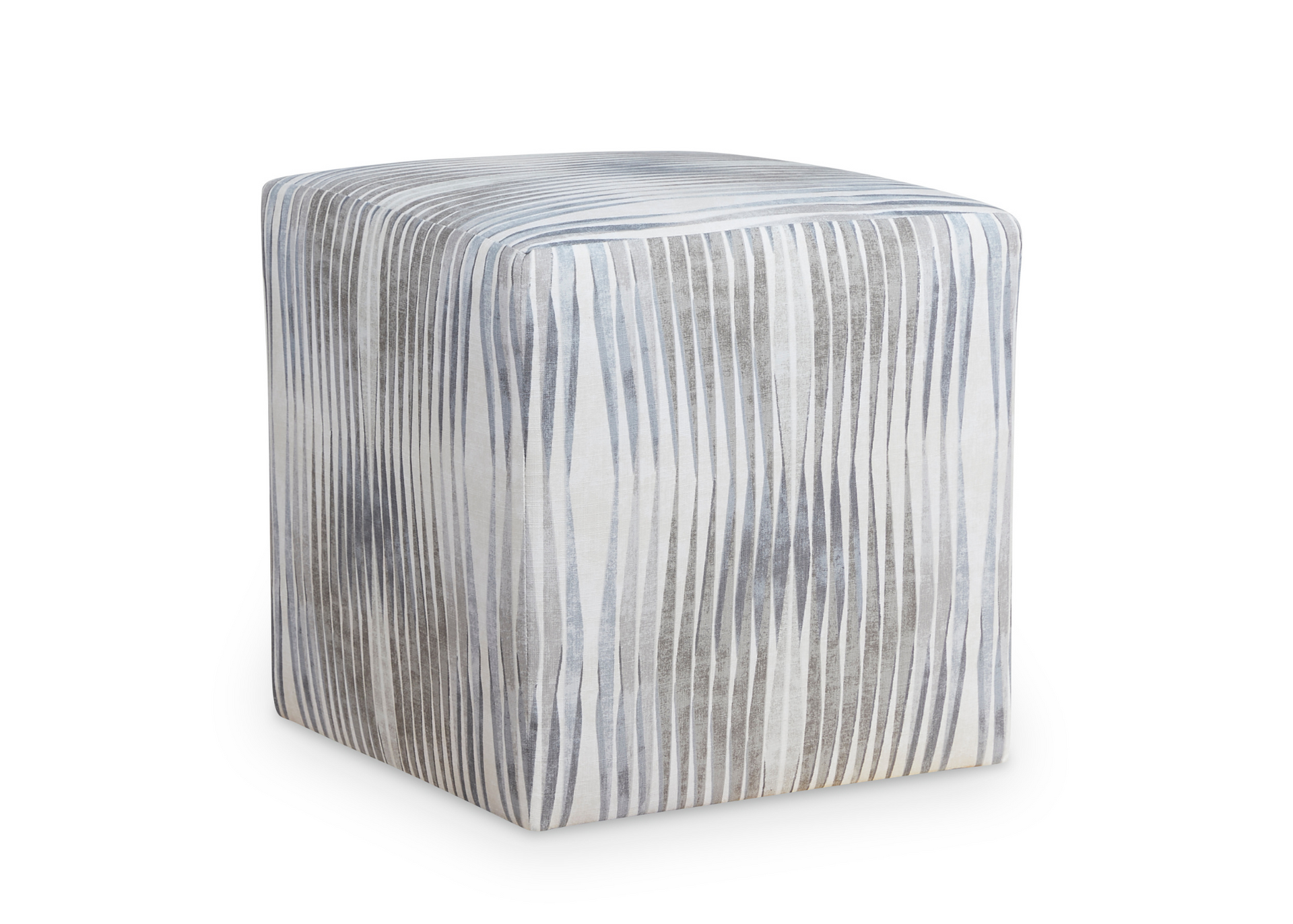 A square ottoman with a striped pattern on it on a white background.