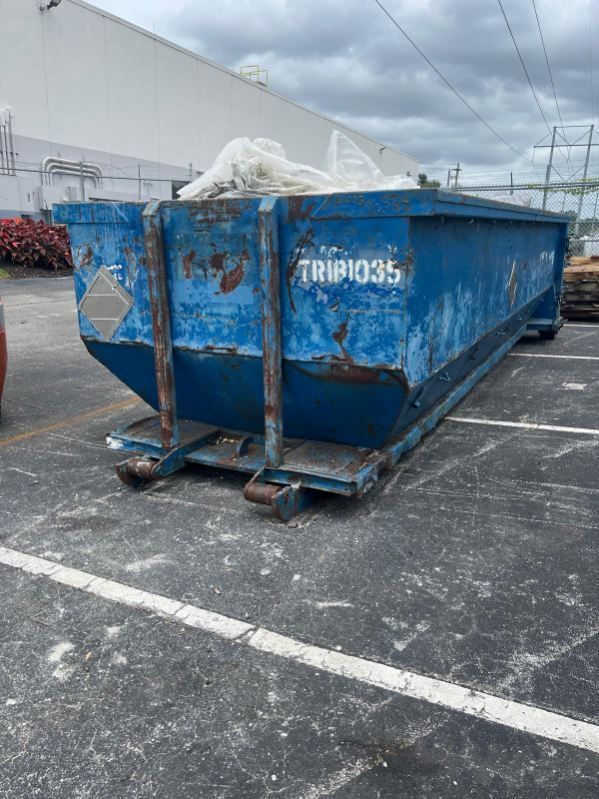 Blue construction dumpster in a parking lot, with a wall and power lines in the background
