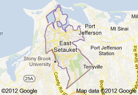Map of East Setauket, New York, with surrounding towns and roads labeled.