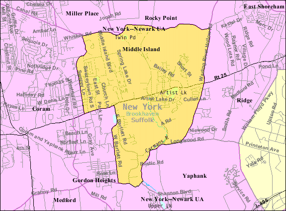 Map of Middle Island, New York, highlighted in yellow, surrounded by roads and nearby towns in pink.