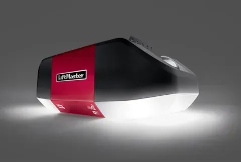 Black and red LiftMaster garage door opener with bright white light.