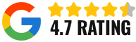 Google logo with four and a half gold stars and the text 