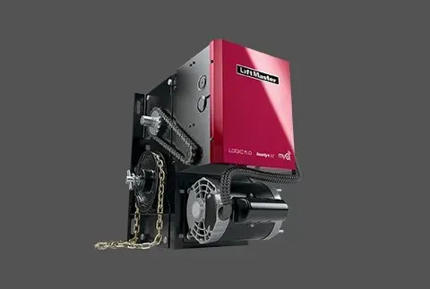 LiftMaster commercial garage door opener, red and black, chain drive.