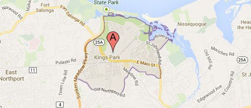 Map of Kings Park, New York, marked with a location pin. Roads and waterways are visible.