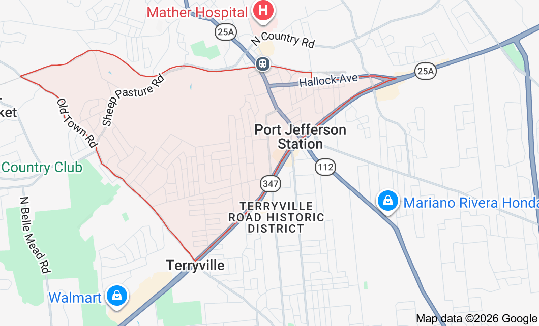 Map of Port Jefferson Station and Terryville, with roads and labels including Country Club and Walmart.