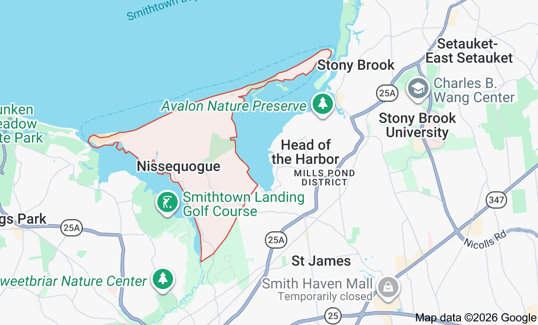 Map of Nissequogue, New York, showing surrounding towns, harbor, parks, and landmarks.