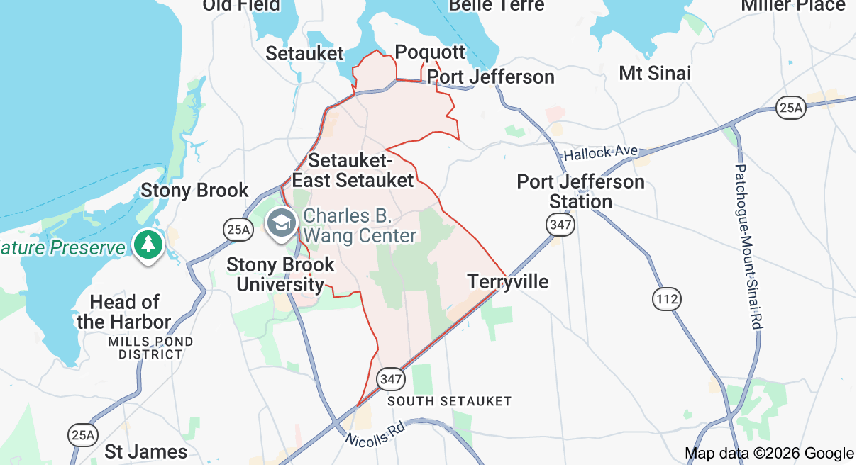 Map of Setauket, New York, showing surrounding towns, harbor, parks, and landmarks.