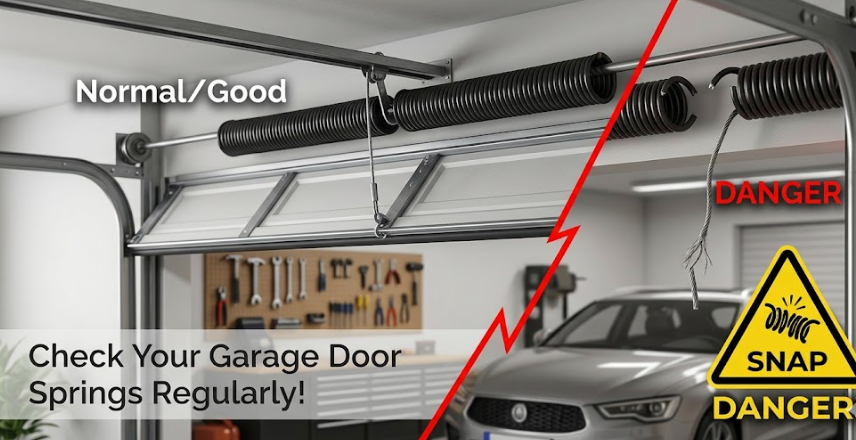 An educational graphic comparing an intact, functioning garage door spring labeled