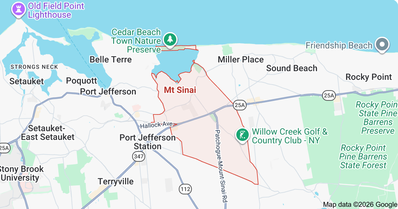 Map of Wading River, New York, showing surrounding towns.