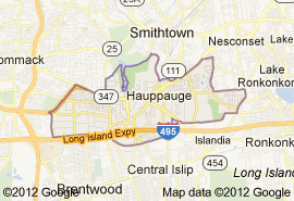 Map of Hauppauge, New York, with surrounding towns and highways.