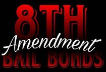 8th Amendment bail bonds text in red and white on black background