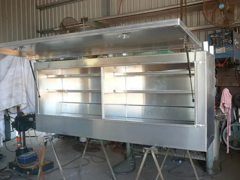 Aluminum Truck Bed Tool Box With Open Lid — Greville Fabrication in Girraween, NSW